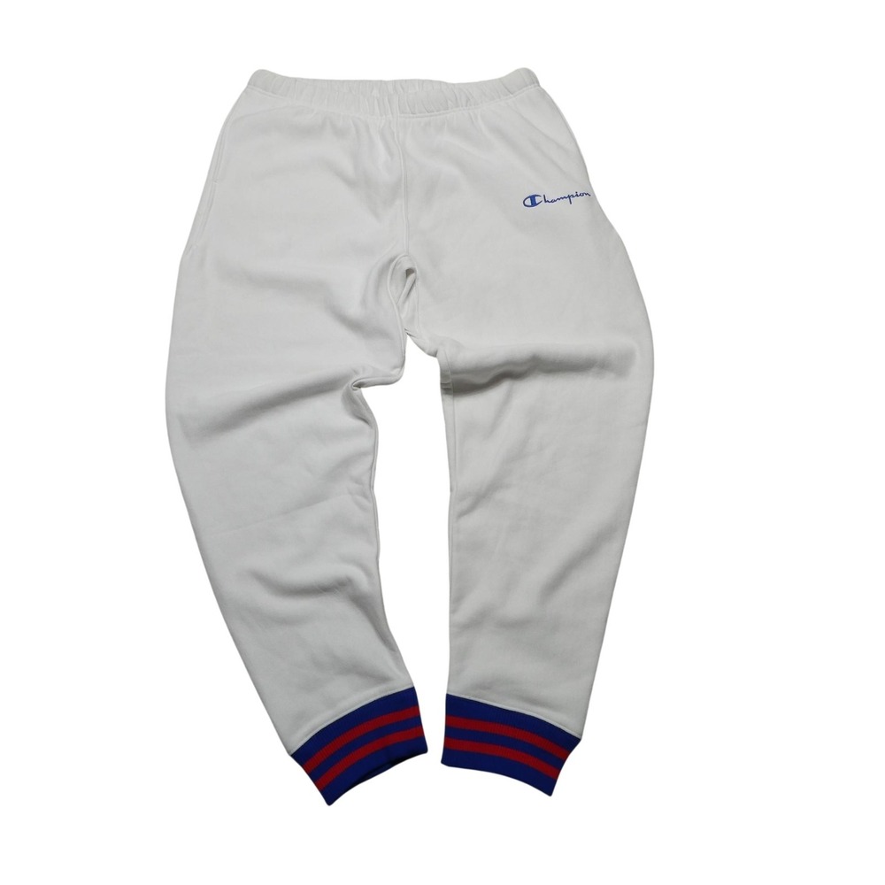 Champion Sweatpants Mens XL White Reverse Weave Fleece Joggers Striped Cuff